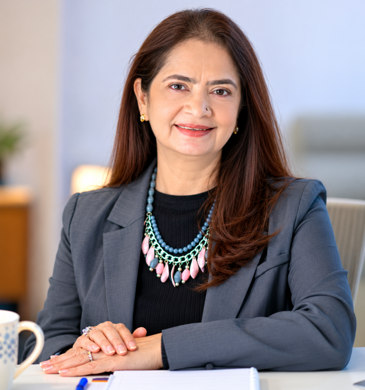 Geeta Saravya at her desk